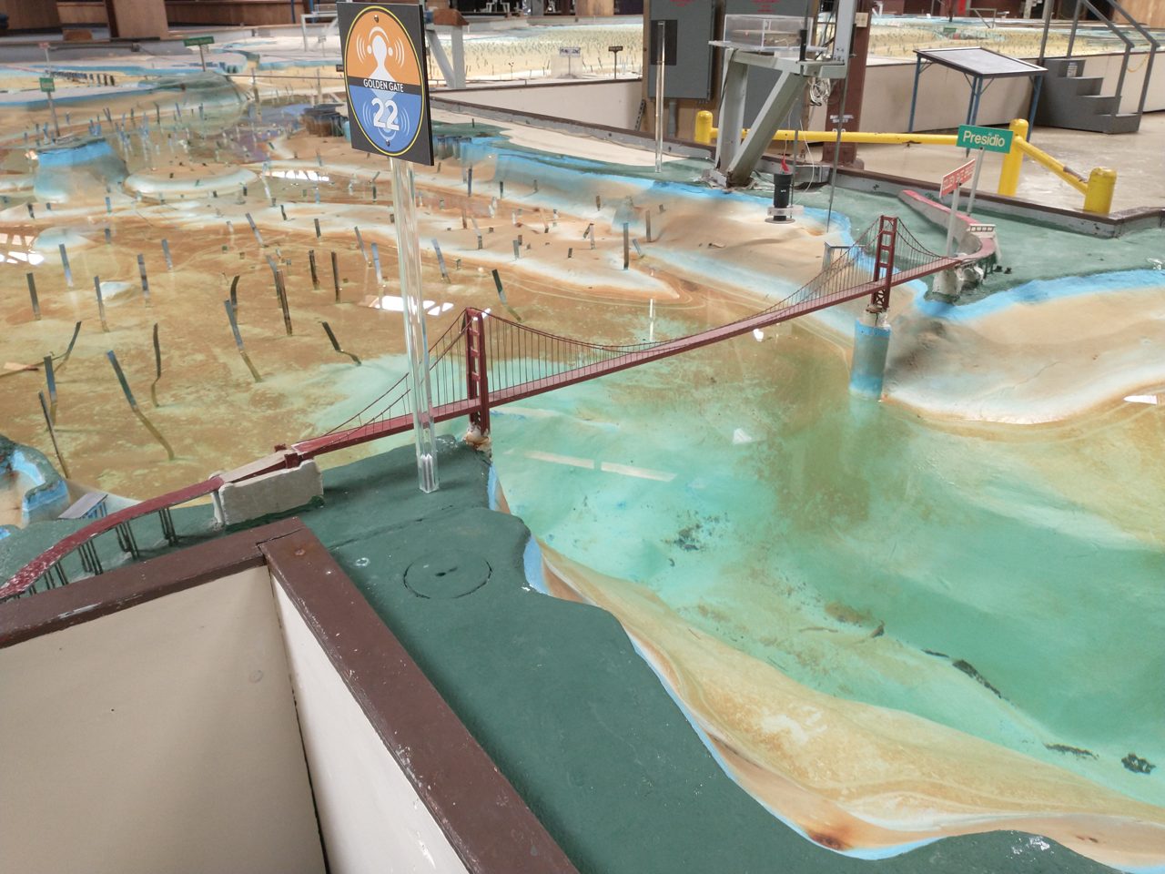 Inside the Bay Model Visitor Center, showing the working hydraulic scale model of San Francisco Bay near the Golden Gate Bridge section