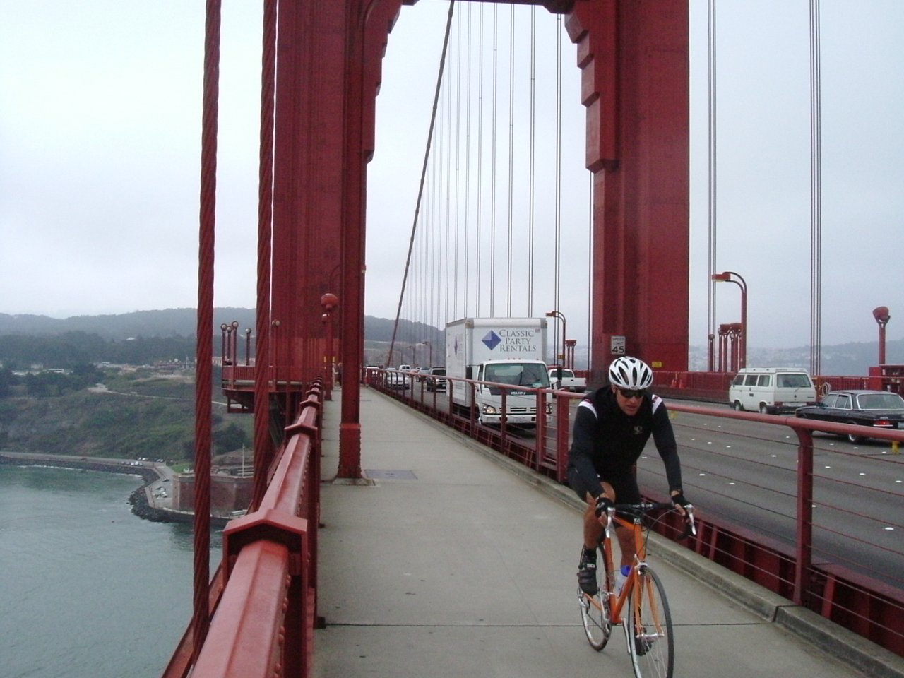 Cyclists riding across the Golden Gate Bridge