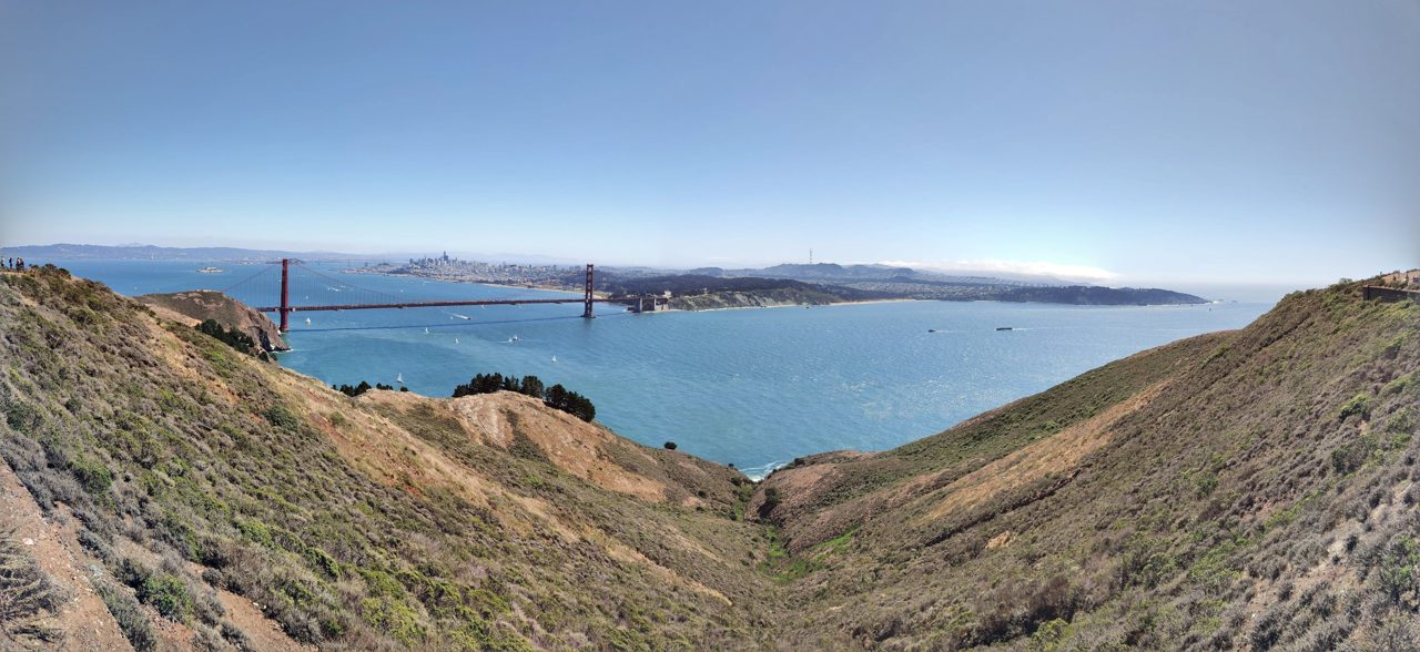 View of San Francisco and the Golden Gate Bridge from Hawk Hill in the Marin Headlands