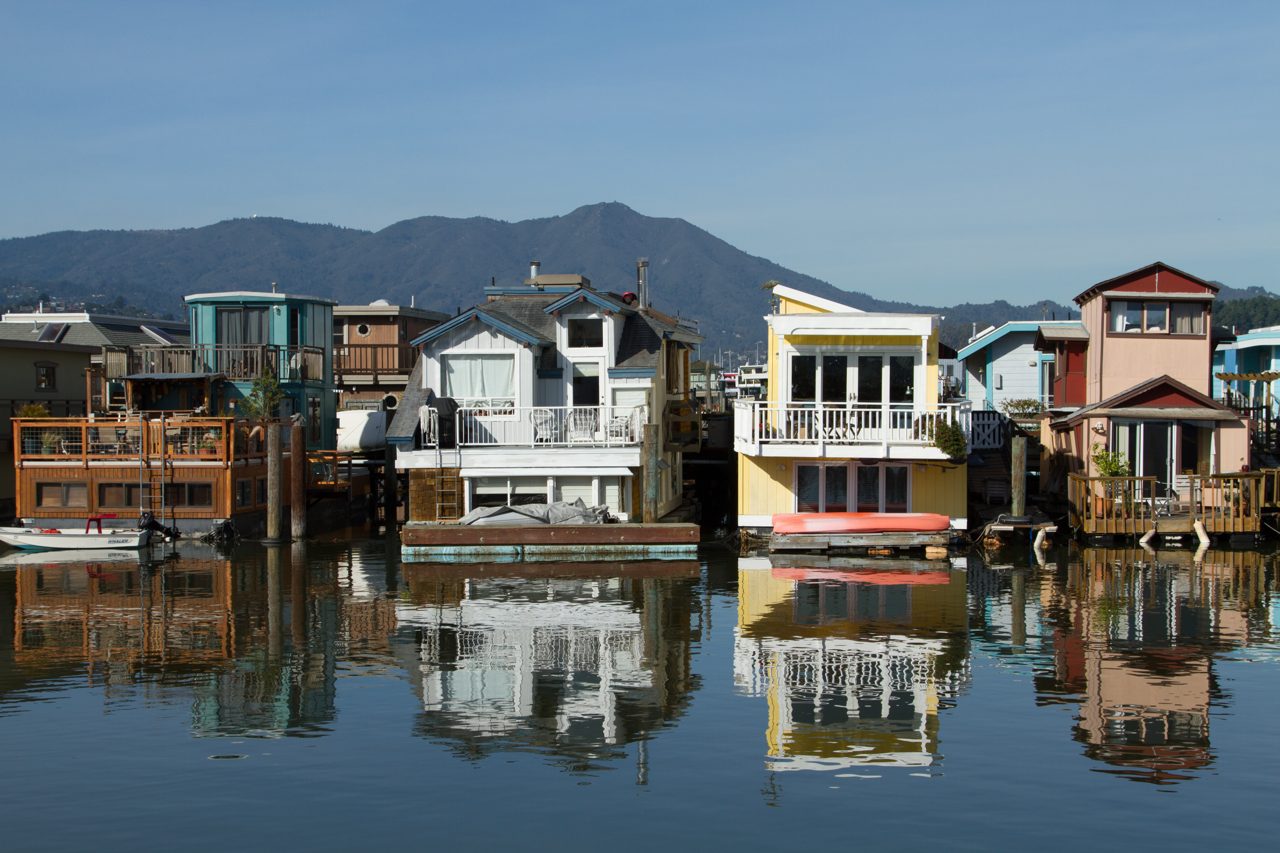 Colorful floating homes in the Sausalito houseboat community