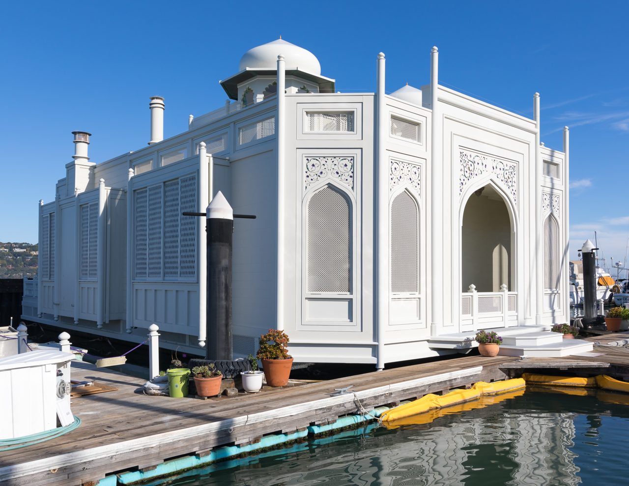 An elaborately built floating home nicknamed the Taj Mahal in the Sausalito houseboat community