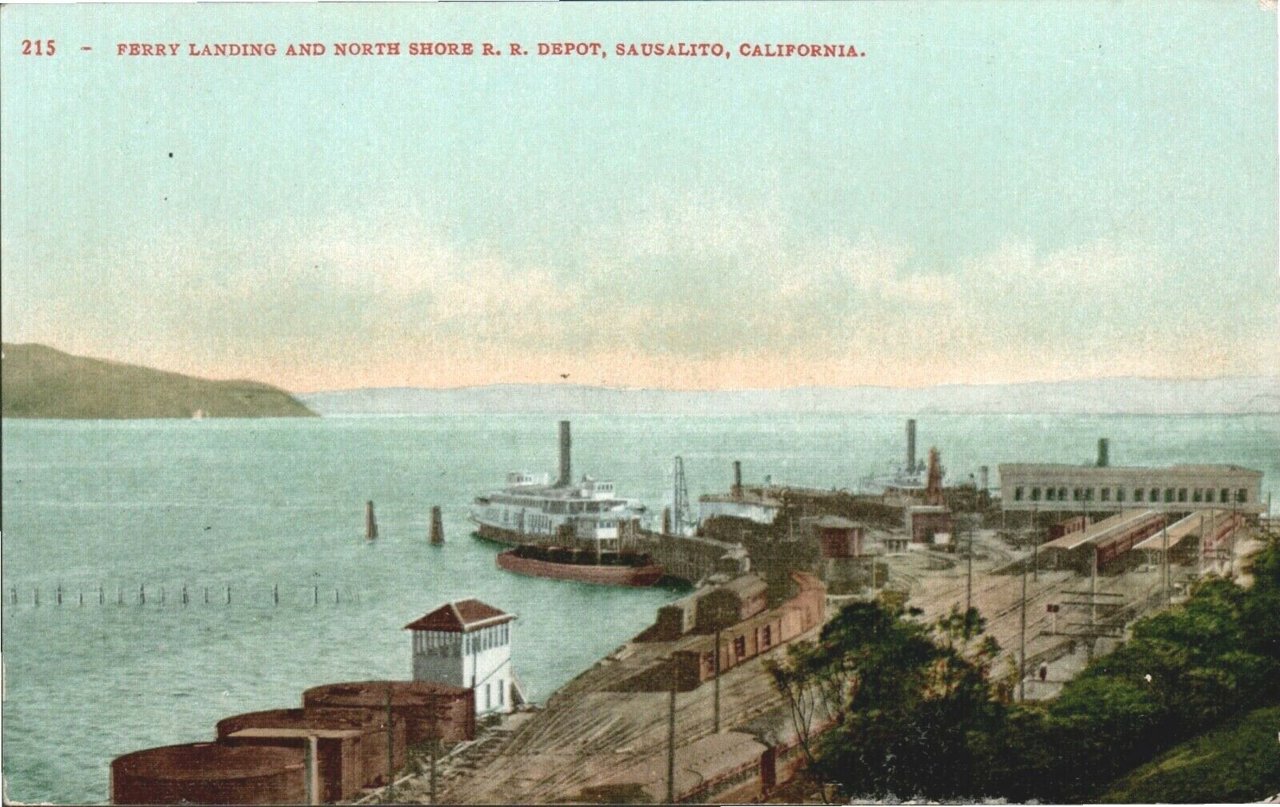 Vintage postcard of the Sausalito ferry and rail terminal, circa 1907-1915